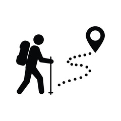 Hiker with backpack and walking stick following dotted path to location pin icon