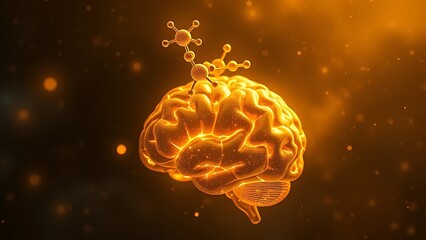 Fototapeta premium A golden molecular structure of spermidine floating above a brain-shaped nebula, glowing with energy.