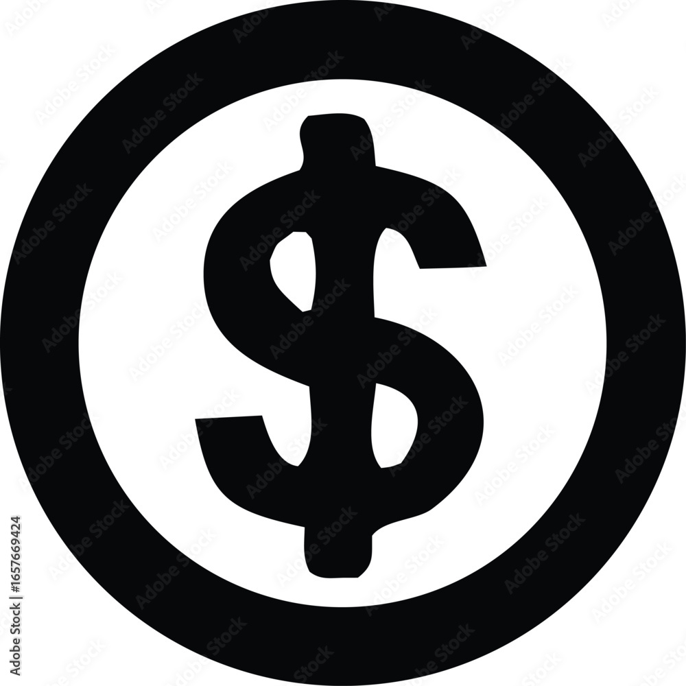 Poster bold black dollar sign symbol enclosed within a circular border representing currency and finance
