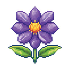 Pixelated illustration of a purple flower with detailed petals, green leaves, and a yellow center.
