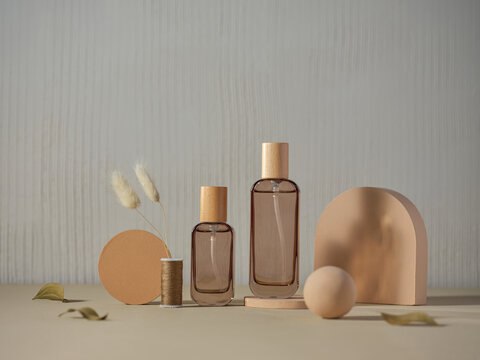 Elegant perfume bottles with wooden caps and minimalistic decor