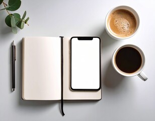 Morning coffee work session with an open notebook and a blank screen smartphone for mockup, viewed from above on a clean desk