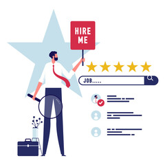 Job seeker or searching for new job concept, finding new work opportunity, employment or human resource recruitment, businessman with magnifying glass finding job