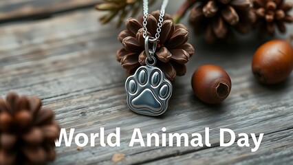 Silver paw print pendant on rustic wood, surrounded by pinecones and acorns in muted natural tones.