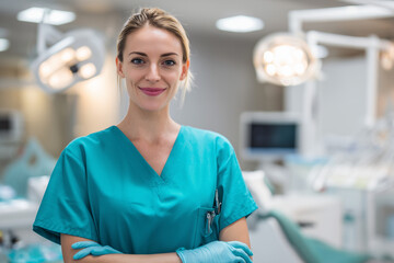 Obraz premium Confident female dentist in teal scrubs with gloves smiling in modern dental clinic