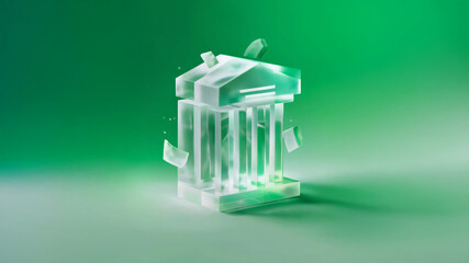 Stylish glass-like bank icon shattering, symbolizing disruption in finance and innovation. Ideal for concepts related to banking, investment, and fintech industries.