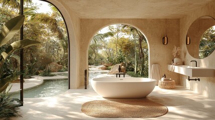 Serene Modern Bathroom Design with Natural Elements and Views