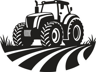 Black silhouette design of a farm tractor in field icon isolated on white background. vector illustration © Shakib Islam