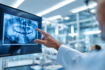 Dentist examining dental X-ray on monitor in modern dental clinic for patient diagnosis