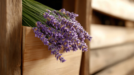 Fototapeta premium Bouquet of freshly cut lavender. Tied with twine. Rests on a rustic wooden shelf in a barn. Ready for drying. With wicker baskets blurred in the background. Capturing the essence of harvest season