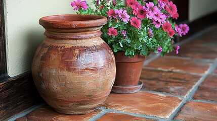 Rustic Clay Pot with Colorful Flowers on Terracotta Tiled Floor