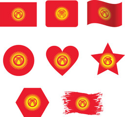 Kyrgyzstan flag set of icons. A set of flags in rectangular, waved, square, heart and round shapes. Flag icons. Standard colours. Vector illustration.