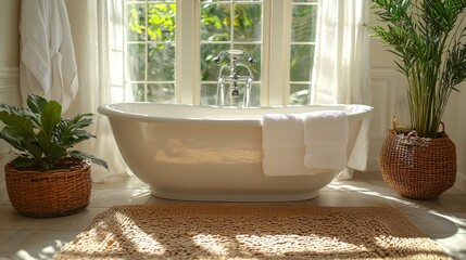 Serene Bathroom Scene with Bathtub, Plants, and Natural Light