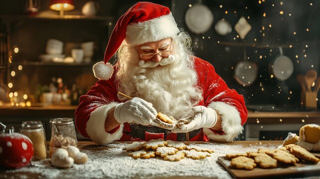 Santa Claus with a beard and mustache is making cookies. Portrait of Santa, at the table. Christmas