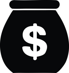 Simple black silhouette of a money bag with a prominent white dollar sign symbolizing wealth and financial gain
