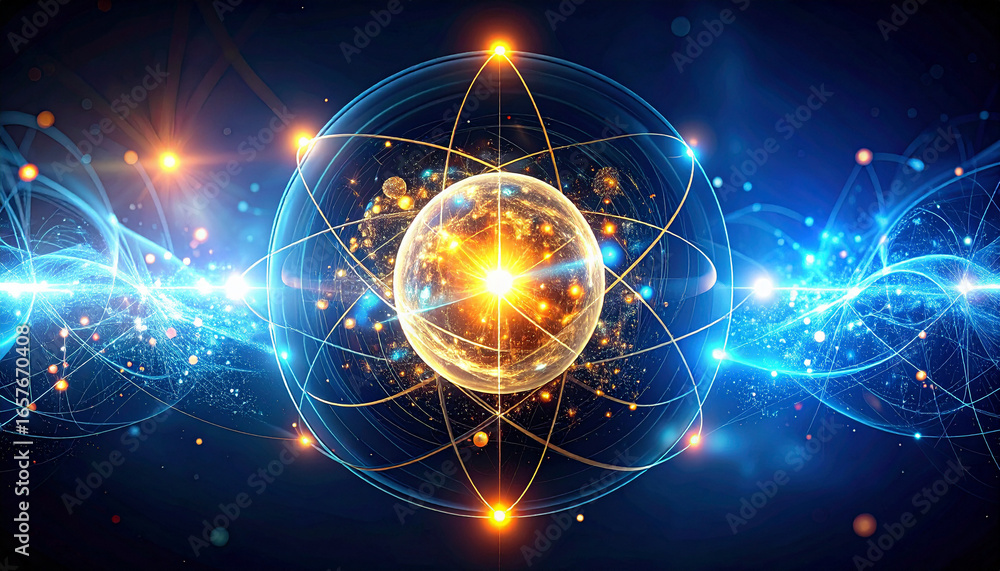 Poster digital illustration of an atom with energy fields and particle movement, representing scientific co