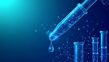 A digital illustration showcases a pipette and test tubes, rendered in a vibrant, glowing blue color scheme, highlighting scientific research.