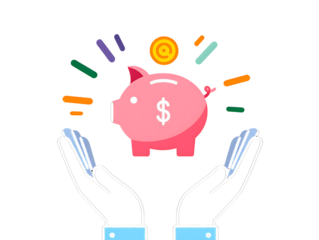 Pink piggy bank with dollar sign receiving coin from hands isolated on a transparent background saving