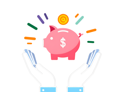 Pink piggy bank with dollar sign receiving coin from hands isolated on a transparent background saving