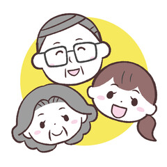 	笑顔で寄り添うシニア夫婦と女の子のイラスト