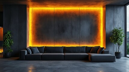 Modern Living Room with Orange Backlit Wall and Minimalist Decor