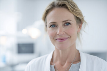 Confident middle-aged female professional with blonde hair and blue eyes smiling warmly in a bright modern office