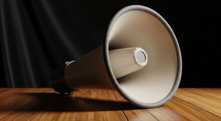 Vintage megaphone speaker on a wooden surface with dark background symbolizing communication and announcement