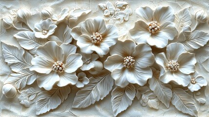 Elegant White Floral Relief with Detailed Petals and Leaves