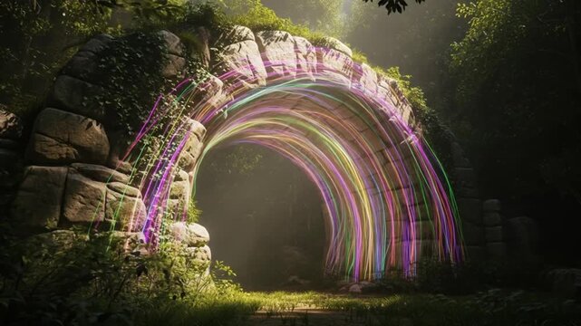 Vibrant light trails arc through an ancient stone archway in a lush forest, creating a mystical scene