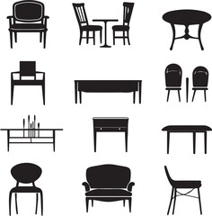Different Household Furniture in Silhouette Style