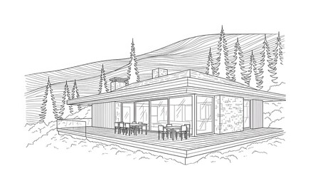 Fototapeta premium Modern House Line Art Drawing with Deck and Mountain Backdrop