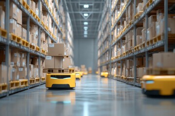 A warehouse aisle with stacked pallets and robots moving items An AI robot is organizing inventory based on demand forecasts The mood feels, Generative AI