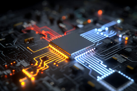 Dynamic circuit board with glowing orange and blue data streams highlighting a central processor, symbolizing innovation and digital transformation.