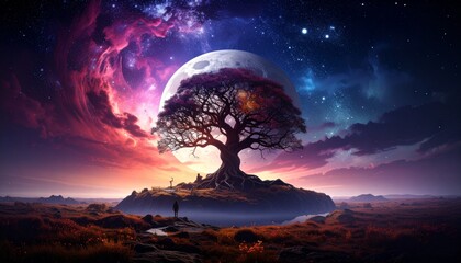 Majestic fantasy tree glowing beneath giant moon and colorful galaxy sky.