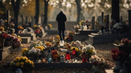 Naklejka premium Somber Solitude: A Colorful Grave with Lanterns and a Lone Figure in an Autumn Cemetery.