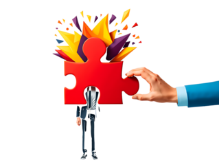 Man with puzzle piece head and colorful explosion isolated on a transparent background business solution