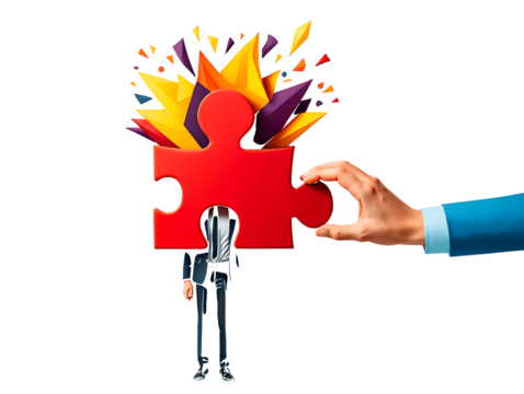 Man with puzzle piece head and colorful explosion isolated on a transparent background business solution