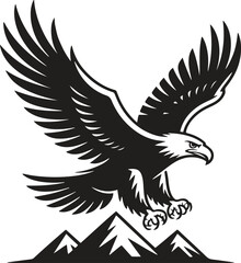 Black silhouette design of a eagle flying over mountains icon isolated on white background. vector illustration