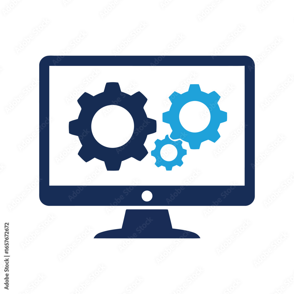 Poster computer monitor with gears technology engineering digital innovation process mechanics