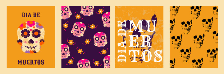 The Day of the Dead, a Mexican celebration, is a modern geometric template featuring skulls and flowers.
