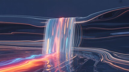 Abstract Digital Waterfall Illustration with Glowing Lines and Reflections for Modern Art and Technology Visuals