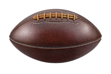 Detailed close-up image of classic leather American football with visible stitches and pebbled texture on transparent background