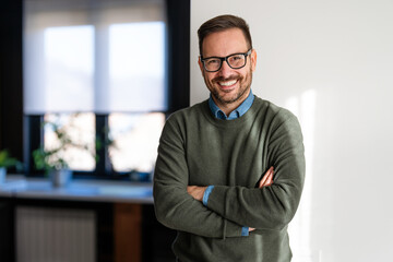 Portrait of happy success balanced man laughing, enjoys the little things in life. Happiness people