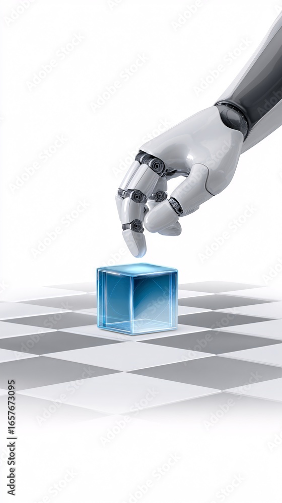 Poster a robotic hand placing a glowing cube on a digital chessboard symbolizing machine learning strategy,