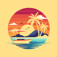 Tropical sunset palm trees speedboat seascape vector illustration
