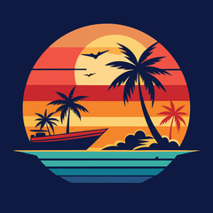 Tropical sunset palm trees speedboat seascape vector illustration