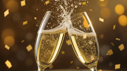 Two champagne glasses clinking in a toast with golden confetti and sparkling bokeh background for a festive celebration or New Year's Eve party