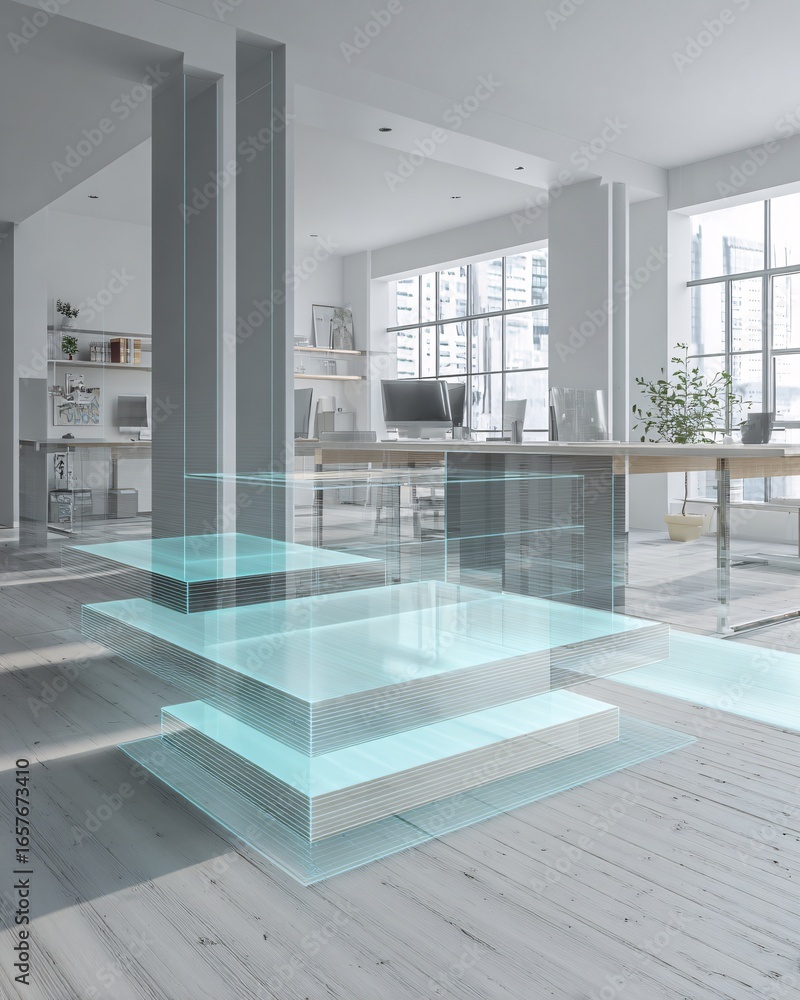 Poster modern workspace with holographic ai assistant projection hovering over a desk, futuristic yet minim