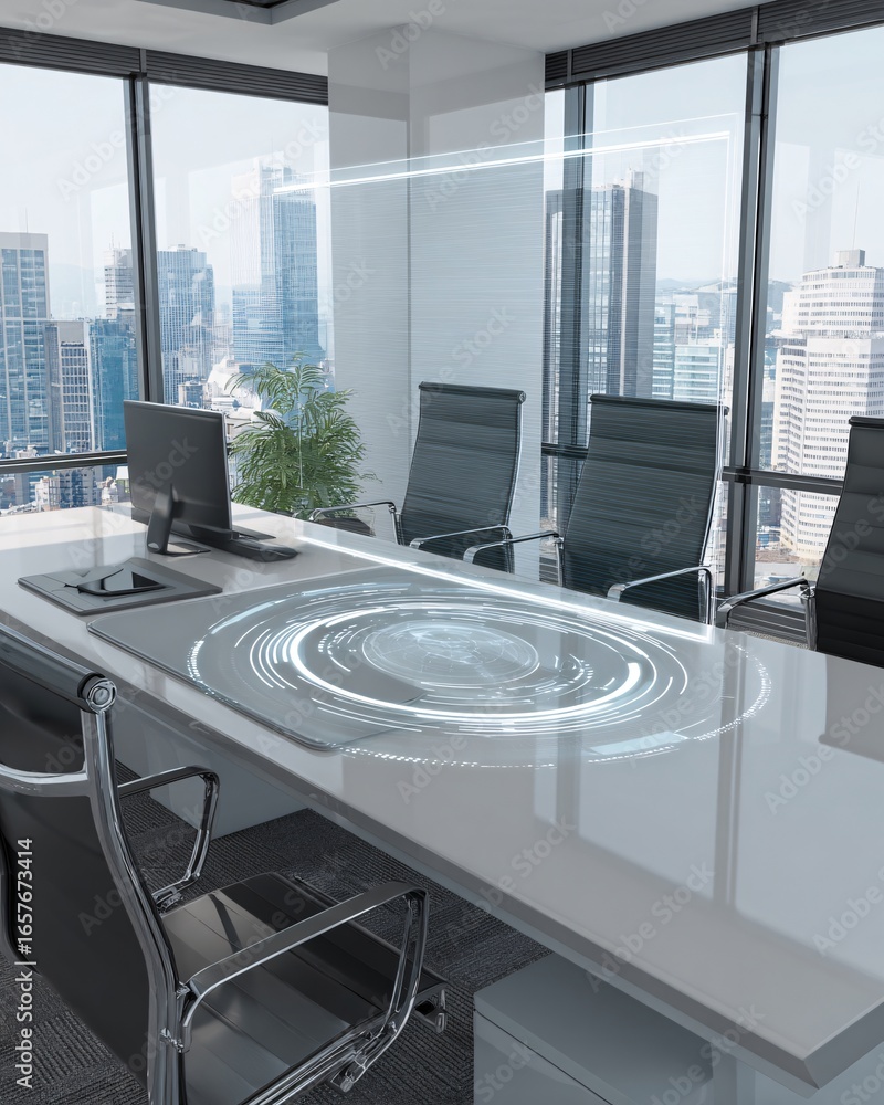 Poster modern workspace with holographic ai assistant projection hovering over a desk, futuristic yet minim