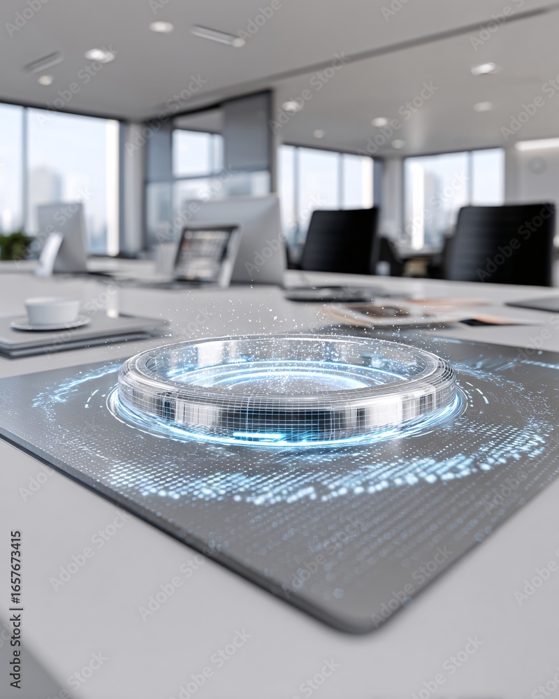 Poster modern workspace with holographic ai assistant projection hovering over a desk, futuristic yet minim